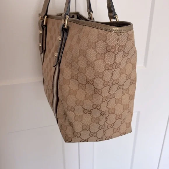 EUC [Gucci] Authenticated Monogram Canvas Jolicoeur Tote Handbag Beige w/ Gold - Picture 7 of 16